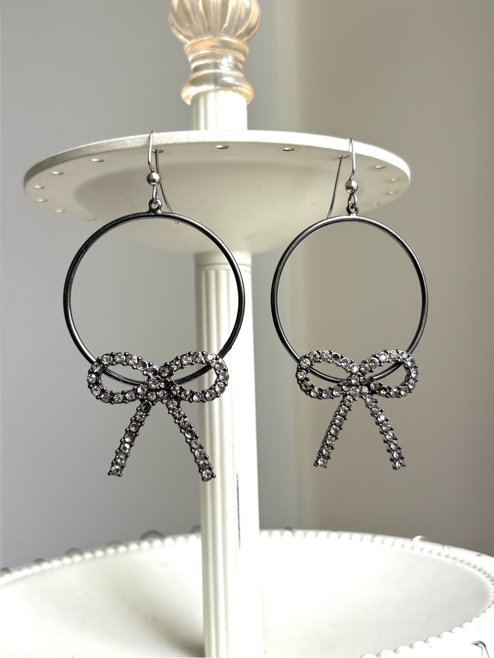 Guess Oversized Gunmetal Rhinestone Bow Drop Hoops Earrings